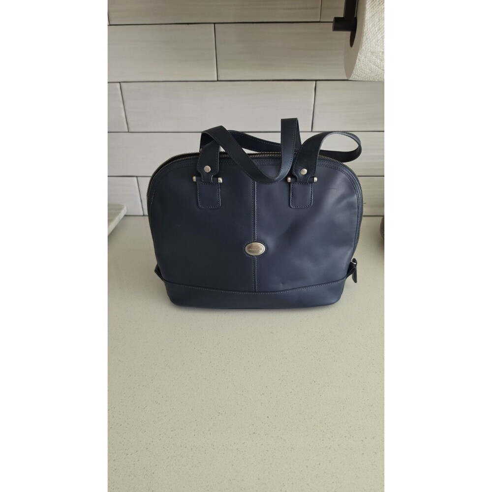 Vintage Crossroads Navy Blue Leather Dome Satchel Bag Purse w/ Shoulder Strap